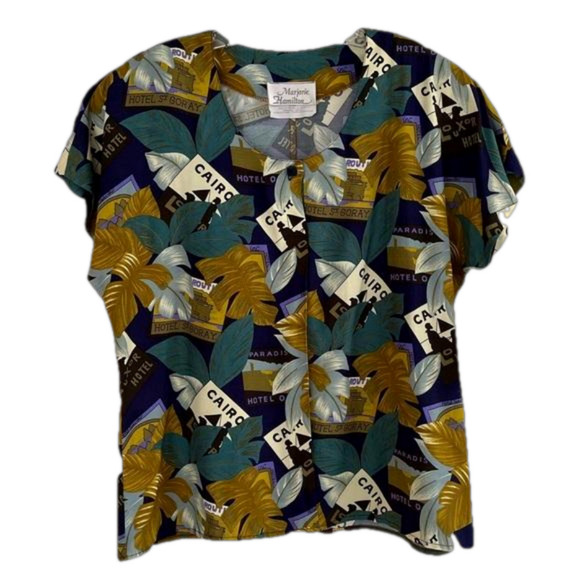 NWT VINTAGE MARJORIE HAMILTON Short Sleeve Travel Print Blouse M - Picture 2 of 16